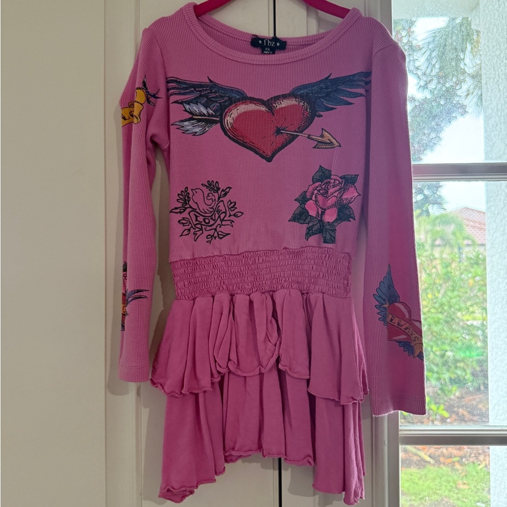 Pink Long Sleeve Dress with Heart and Wing Graphic